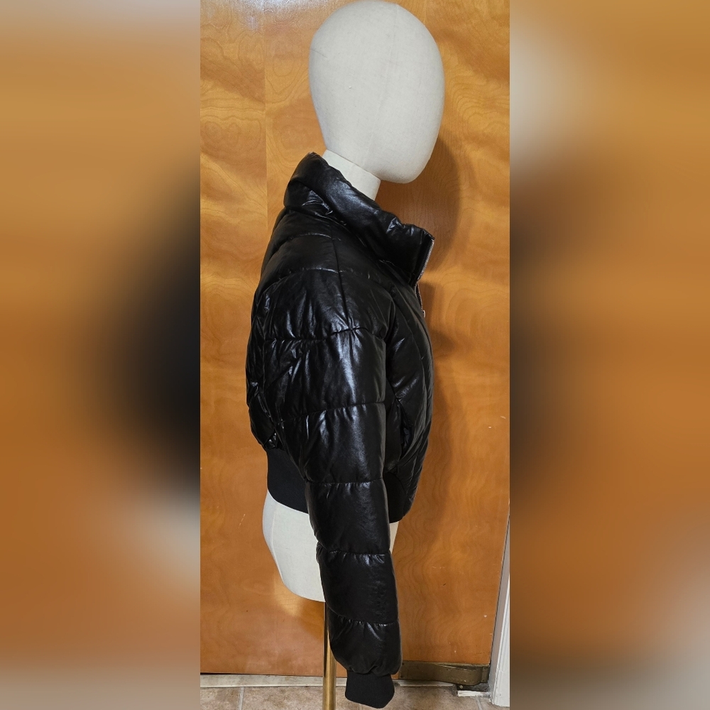 Winter NightS Faux Leather Cropped Black Women's Puffer Jacket Coat Fitted Ski - Picture 5 of 16